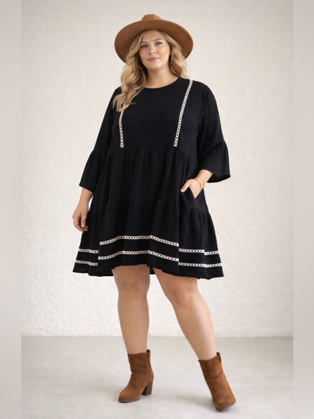 Scoop Black Boho Tunic Dress XL 16-18 Embroidered Tiered Cottagecore Flowy Top